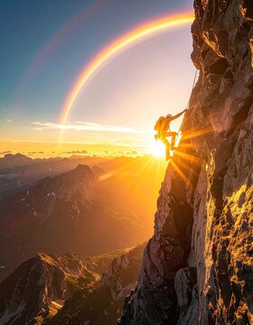 A climber ascends a rocky mountain face at sunset with a rainbow overhead.
