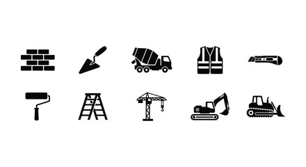 Construction Equipment And Tools Vector Silhouettes On White Background © Fahima