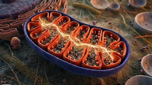 Mitochondrion creating essential biochemical power, showcasing complex internal crista, dynamic cellular metabolism, crucial biological function for living organism.