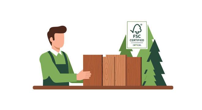 FSC Certified Sustainable Wood Production Illustration - Carpenter Working with Eco-Friendly Timber Planks and Forest Background