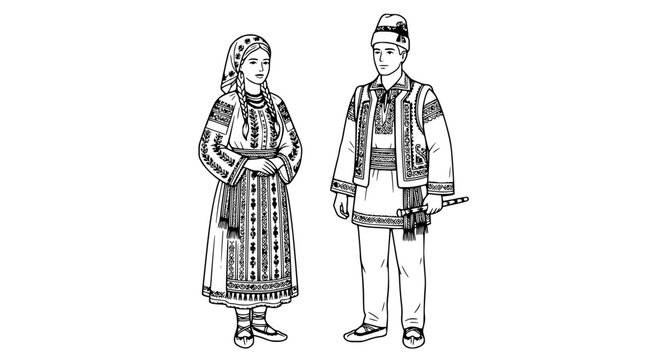 Couple wearing traditional Romanian ethnic folk attire.