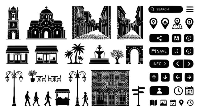 European architecture and city life silhouette icon set.