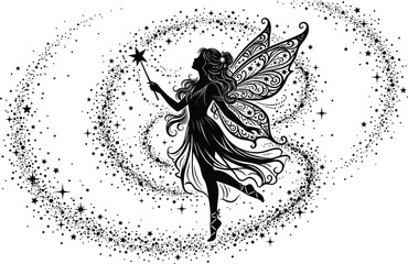 Silhouette of a magical fairy holding a wand surrounded by star dust trail, fantasy pixie vector illustration isolated on white background © MstNela