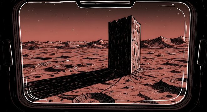 Monolith on alien planet surface viewed from a spaceship window
