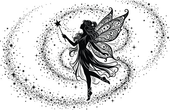 Silhouette of a magical fairy holding a wand surrounded by star dust trail, fantasy pixie vector illustration isolated on white background