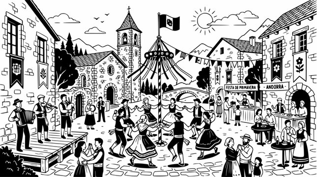 People dancing in traditional European village square