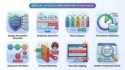 Naklejka premium Cybersecurity Replay Attack Prevention Icon Set for Network Security and Data Protection
