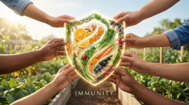 Immune system visualization displaying a protective shield, representing natural defense mechanism, filled with various healthy organic nutrient, promoting cellular wellness, individual strength.