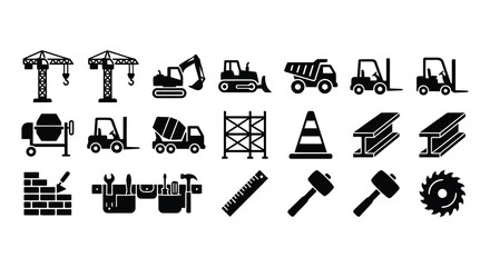 Construction Equipment And Tools Vector Silhouettes On White Background © Fahima