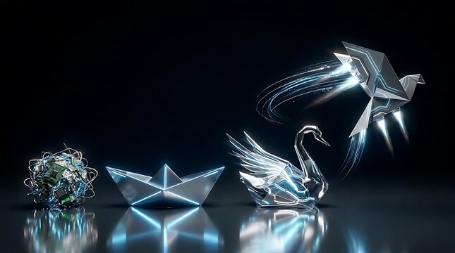 Metallic origami evolution from tangled wire ball to flying bird spaceship representing technological progress and transformation