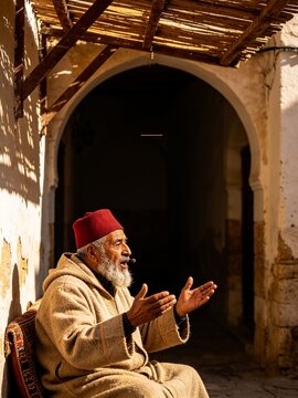 Authentic cinematic documentary portrait of an elderly Moroccan storyteller in a traditional djellaba and red fez gesturing under a dark archway with vast copy space