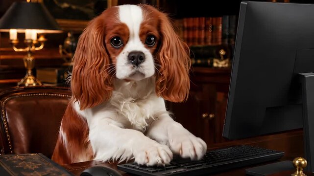 Cavalier King Charles Spaniel Typing on Keyboard in Elegant Study