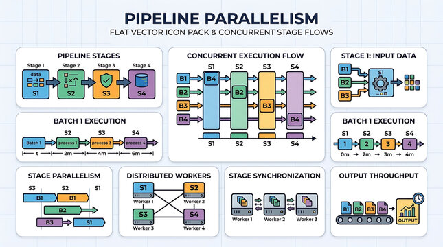 Flat vector illustrations representing parallel processing concept and computational workflow architecture diagram set