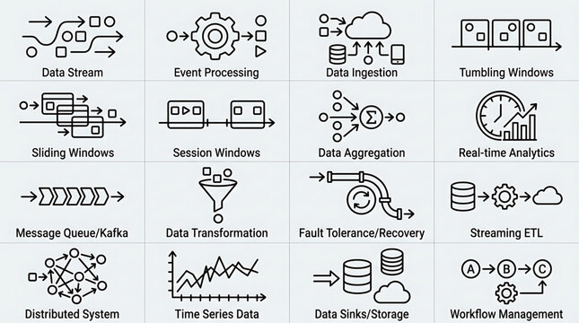 Data processing stream vector icon set. Vector linear icons depicting event ingestion, cloud storage pipeline, analytics, database workflow architecture