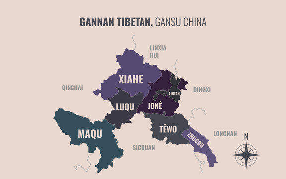 A map showing gannan tibetan gansu Prefacture into County in a minimalist colorful style