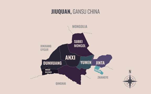 A map showing jiuquan gansu Prefacture into County in a minimalist colorful style
