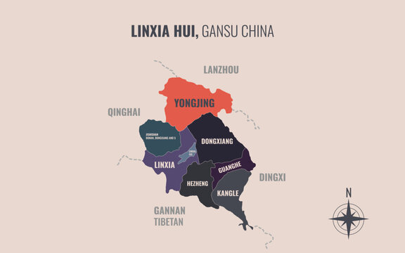 A map showing linxia hui gansu Prefacture into County in a minimalist colorful style