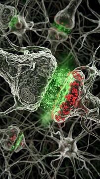 Neurons showing active synaptic transmission, releasing neurotransmitter chemical molecules into receptor structures, enabling complex thought, cognitive brain function, neural signaling.