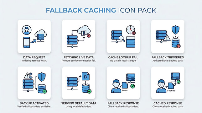A caching system icon pack displays various technical data processing stages.