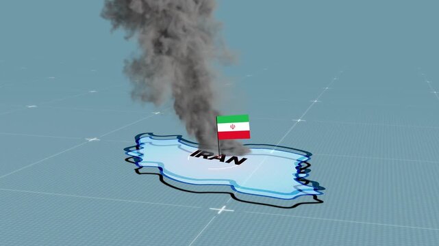 a stylized 3D map highlighting IRAN, Middle East, Iran map, Central Asia and Eastern Europe, Flag of Iran, Iran Flag, Strait of Hormuz, smoke, bomb,