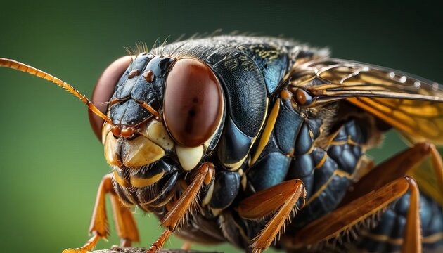 Extreme macro close up photography of a detailed insect head showing vibrant colors and textures