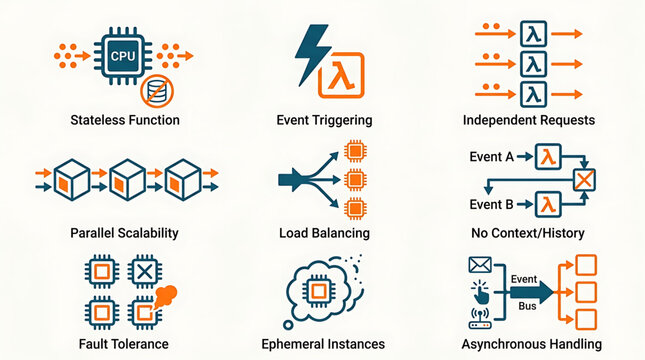 Cloud computing architecture diagram illustrates stateless functions and event triggering with scalable, fault-tolerant, asynchronous handling.