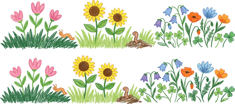 Cute Crayon Textured Garden Borders Vector Set Featuring Hand Drawn Sunflowers Tulips Bluebells Wildflowers Clover Grass Earthworms and Caterpillars for Kids Designs