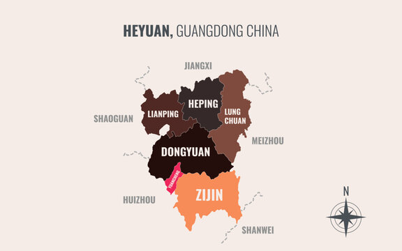 A map showing heyuan guangdong Prefacture into County in a minimalist colorful style