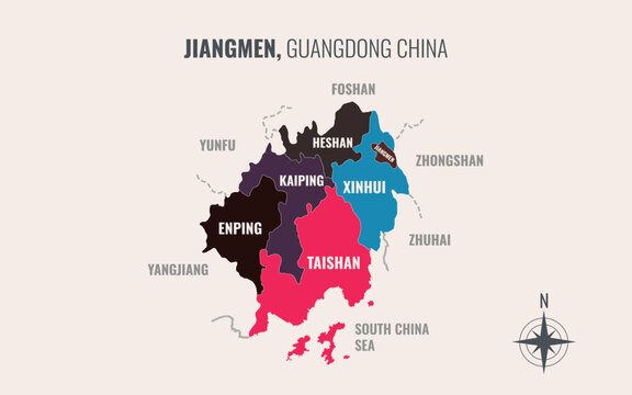 A map showing jiangmen guangdong Prefacture into County in a minimalist colorful style