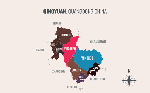 A map showing qingyuan guangdong Prefacture into County in a minimalist colorful style