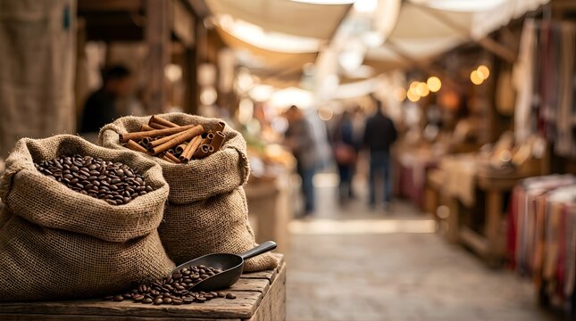 Coffee beans and cinnamon sticks in burlap sacks at a market stall