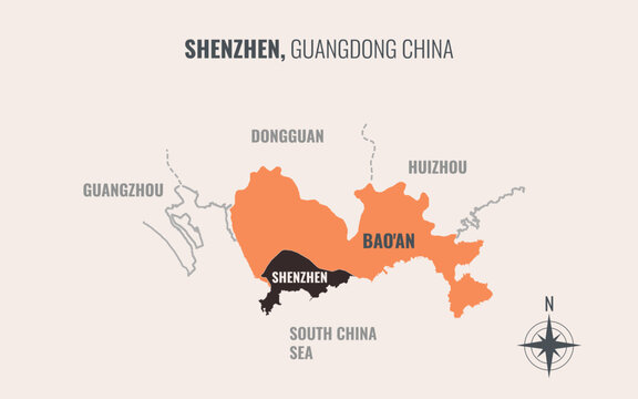 A map showing shenzhen guangdong Prefacture into County in a minimalist colorful style