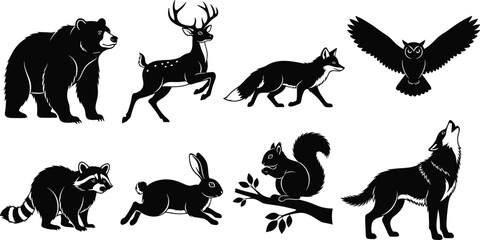 Obraz premium Collection of woodland animal silhouettes featuring bear deer fox owl raccoon rabbit squirrel and wolf vector illustration
