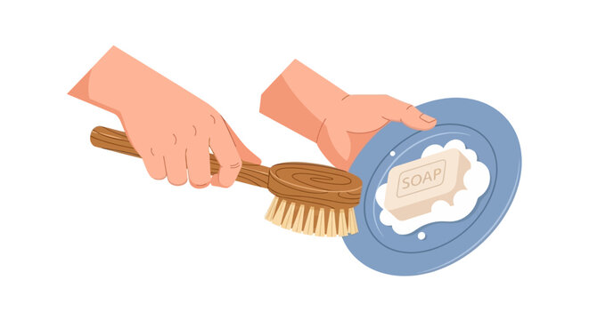 Hands Washing Plate with Natural Wooden Brush and Soap Bar, Sustainable and Plastic-Free Cleaning Concept Vector Illustration
