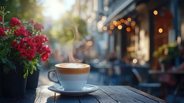 Latte beverage steaming gently, delicate heart pattern adorning warm foam, dark wooden surface, vibrant red flower pot, inviting outdoor cafe, blurred urban background, peaceful morning ambiance.