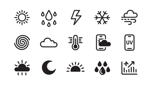 Set of weather icons, outline and solid style for mobile and web apps vector
