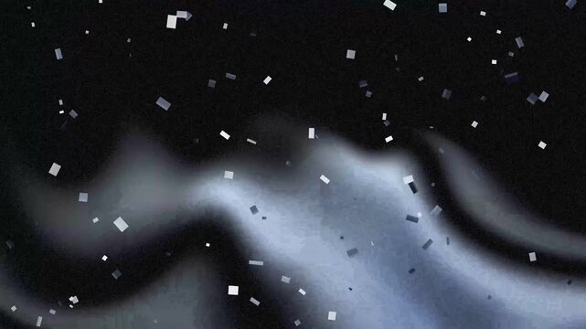 Confetti Shower: A cascade of tiny silver confetti floats against a dark, smoky, atmospheric background, creating a celebratory and festive mood.