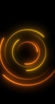 Abstract glowing neon light circle of yellow color, loading icon animation background. Abstract geometric neon background. Round frames, rings, circles, glowing lines appear