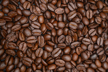Fototapeta premium Horizontal full frame texture background of premium roasted coffee beans.