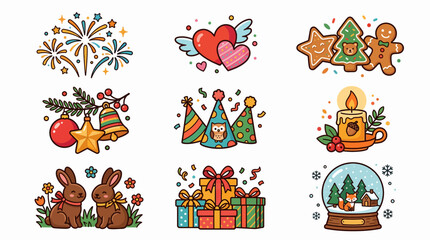 Fototapeta premium Collection of colorful holiday and seasonal celebration icons.