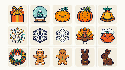 Fototapeta premium Collection of colorful holiday and seasonal celebration icons.