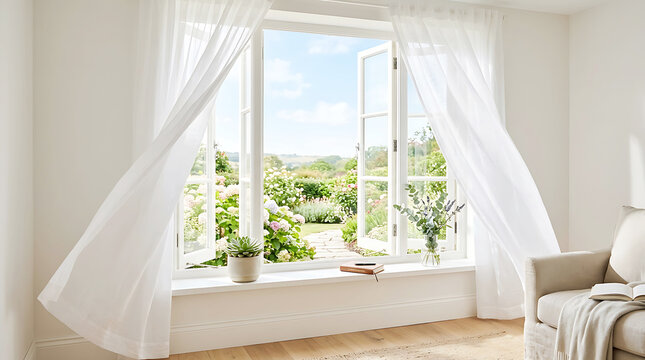 Open window with flowing curtains overlooking a garden