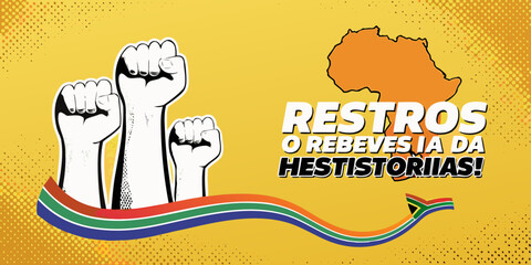 Raised Fists Illustration With South Africa Map And Colorful Waves © Raben