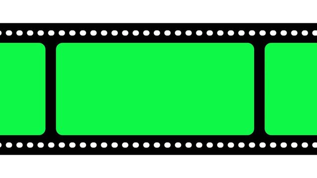 Film strip with green screen frames scrolling horizontally with realistic black cinema tape and sprocket holes for video production.