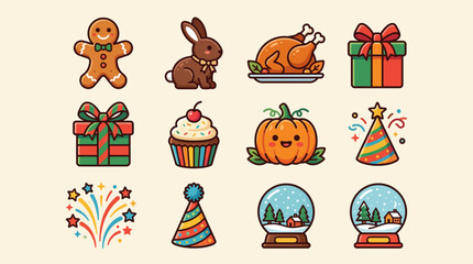 Fototapeta premium Collection of festive holiday icons and celebration symbols.