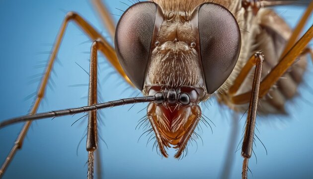 Extreme macro close up shot of a small brown insect head with large compound eyes