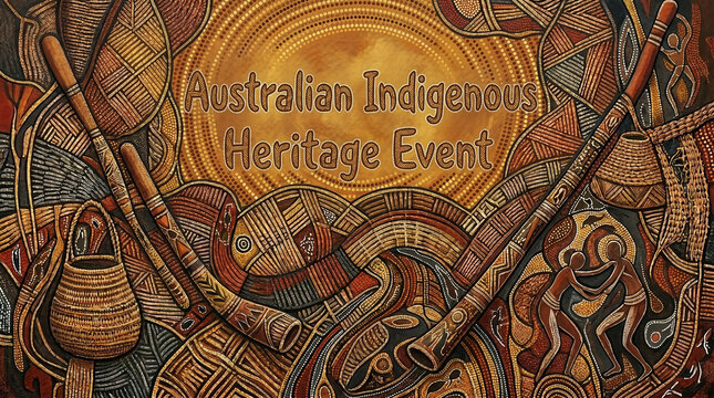 Australian Aboriginal Art Banner Featuring Indigenous Traditions, Cultural Heritage, and Ceremonial Gathering