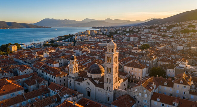 Aerial view of Hvar old town in Croatia at sunset featuring the cathedral bell tower, red tiled roofs and sea.