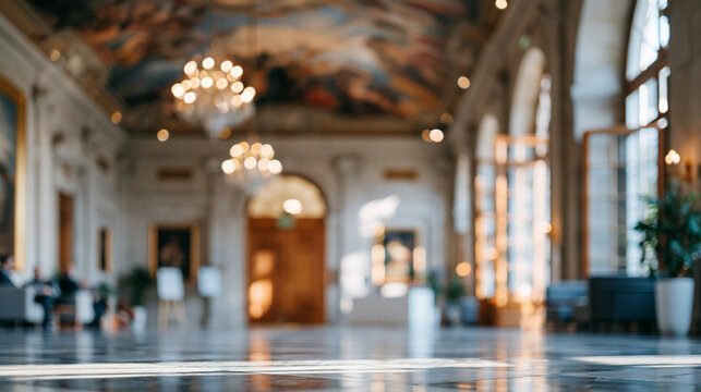 A wide shot of a richly painted ceiling glowing softly above a calm grand entrance in gentle light painted ceiling faceless scene softly defocused backdrop dim interior
