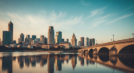Obraz premium Modern city skyline with skyscrapers and classic stone arch bridge reflecting in calm river water at sunset